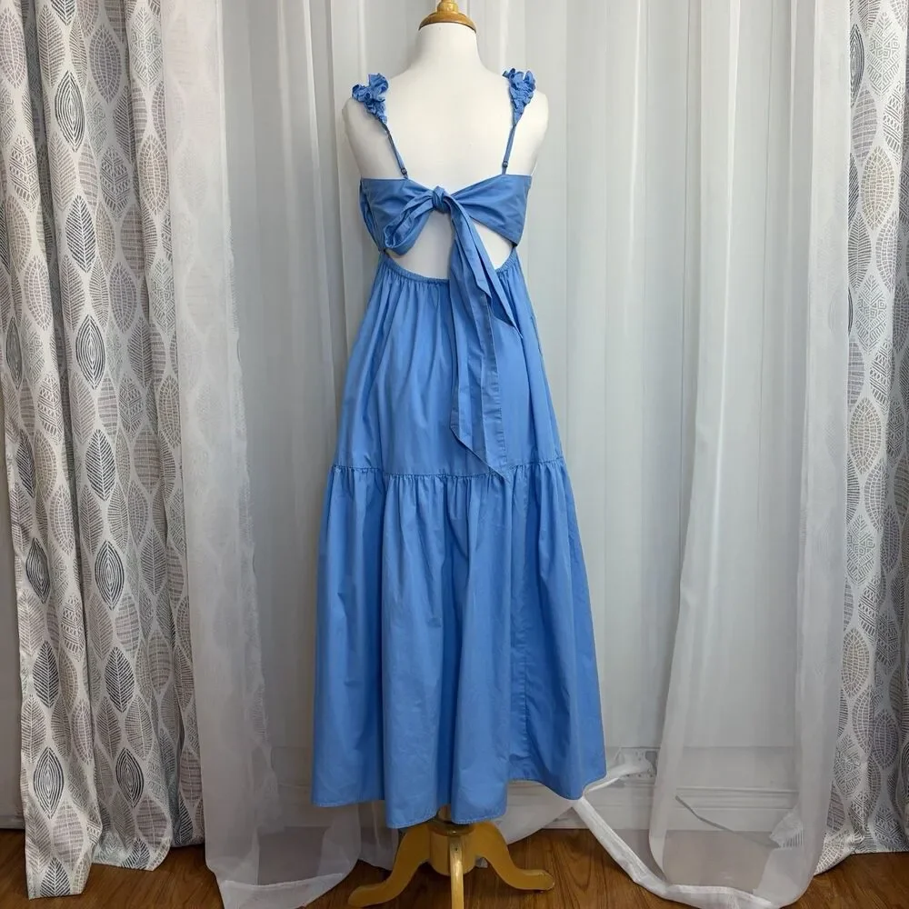Abercrombie & Fitch Tiered Bow Back Ruffle Poplin Maxi Dress coastal blue Size M